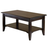 A stylish coffee table with an upper shelf, ideal for displaying decor or storing items in a cozy living room.